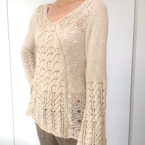 Free People Crochet Cable Wide Knit Bell Sleeve Sweater - Picture 5 of 11